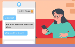 SPHE for Wellbeing illustration showing a girl reading a group chat on her phone, highlighting themes of social interaction and inclusion.