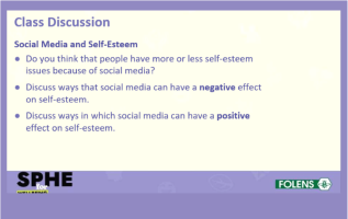 SPHE for Wellbeing class discussion slide from Folens focused on social media and self-esteem, prompting students to explore its positive and negative effects.