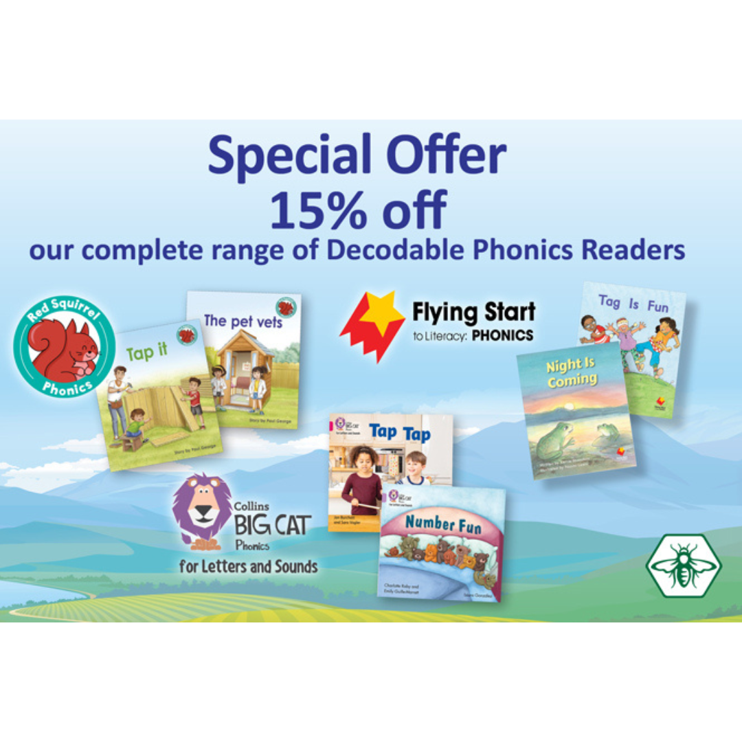 Special offer banner showing 15% off decodable phonics readers from Red Squirrel Phonics, Flying Start, and Collins Big Cat.