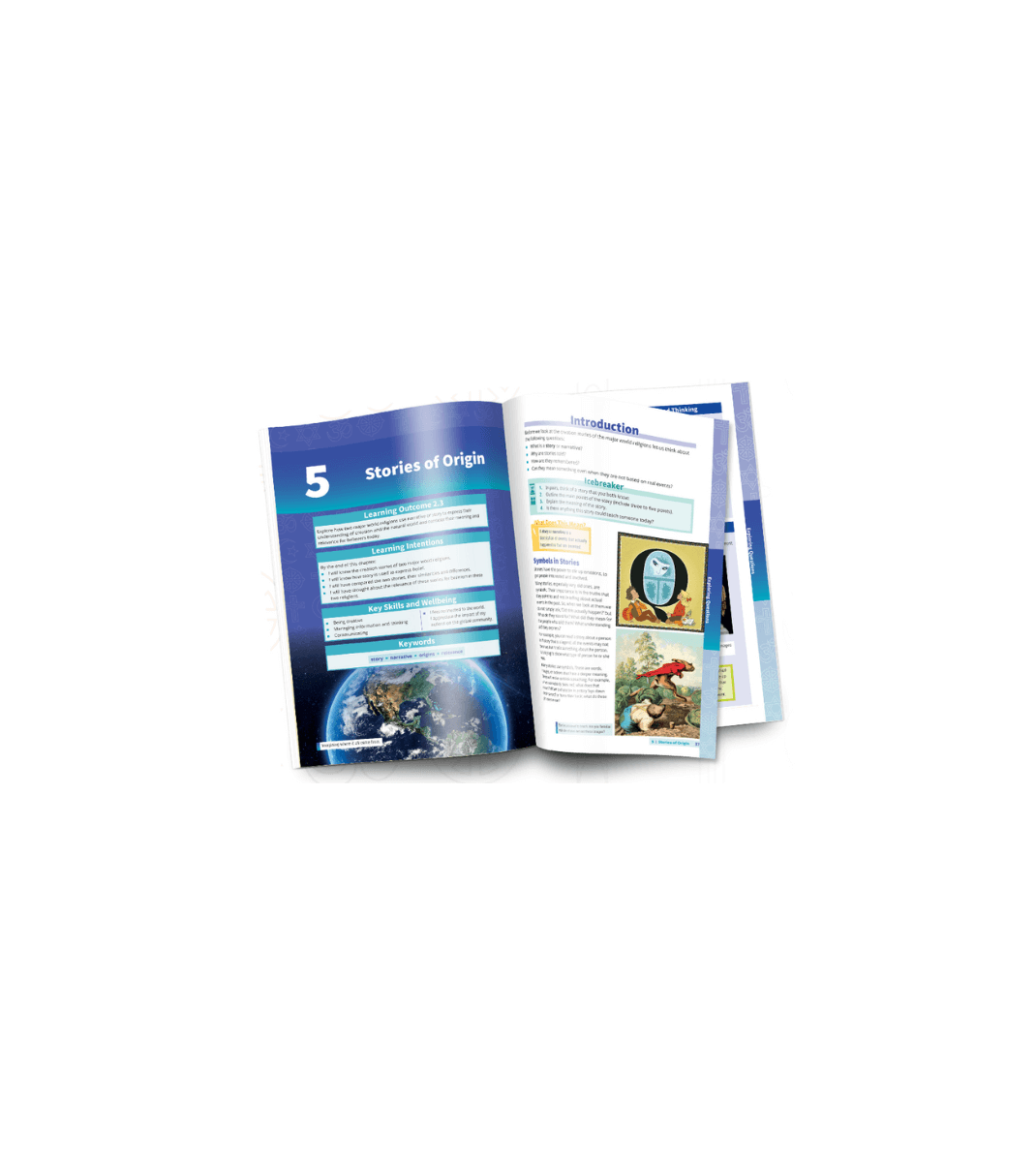Open textbook pages from "A World of Beliefs" showing the chapter “Stories of Origin” with educational content and illustrations.