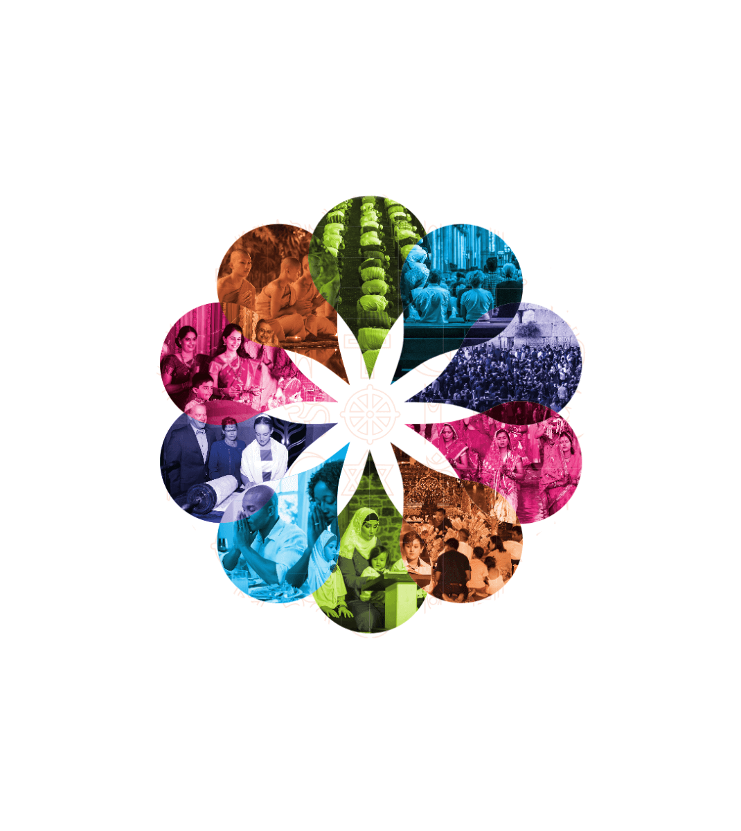 Flower-shaped collage of diverse cultural and religious scenes representing unity and diversity in A World of Beliefs.