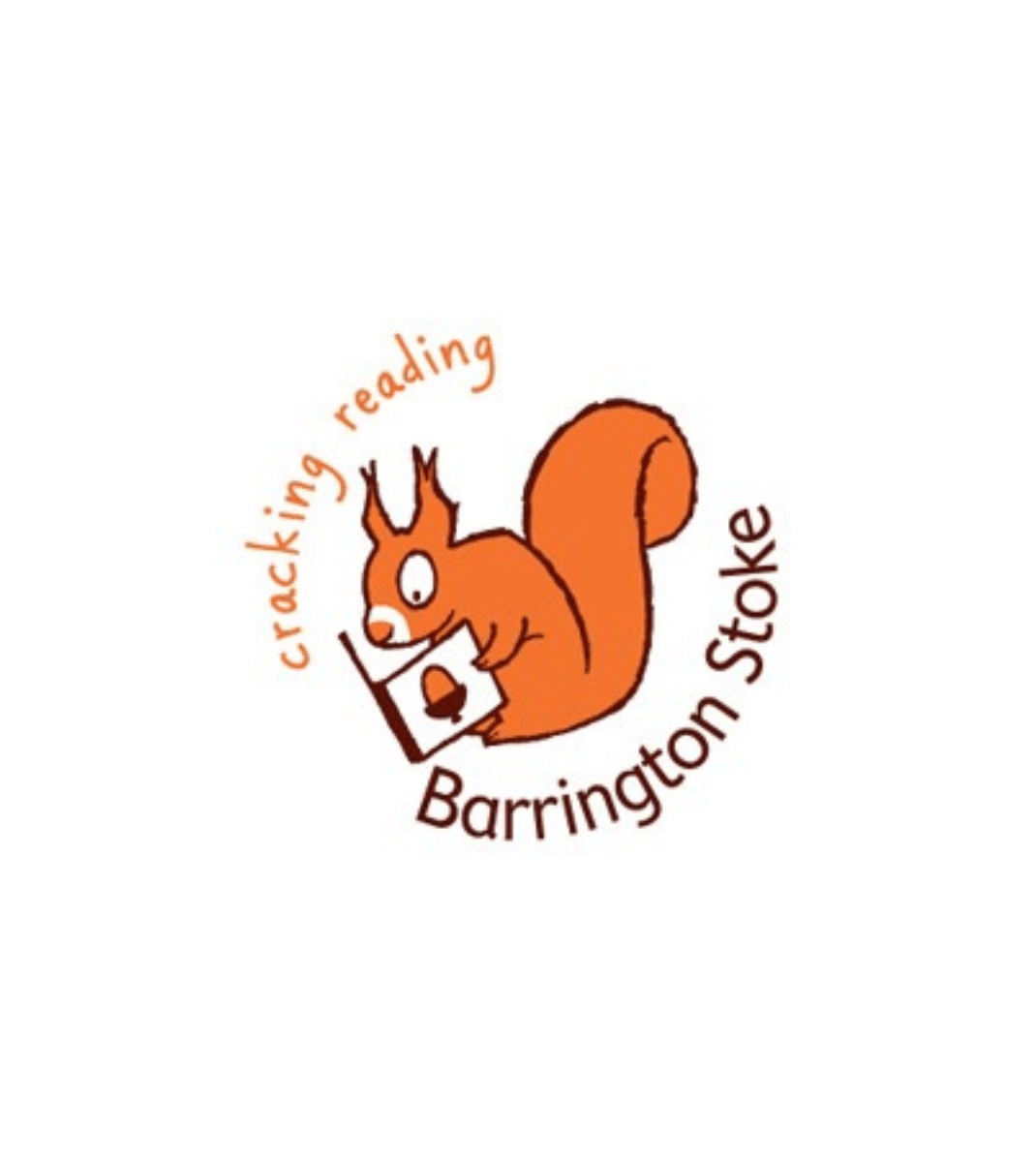 Barrington Stoke logo featuring an orange squirrel reading a book with an acorn on the cover, surrounded by the text “cracking reading” and “Barrington Stoke.”