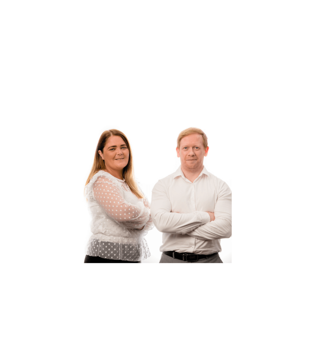 Two smiling professionals standing confidently with arms crossed against a white background.