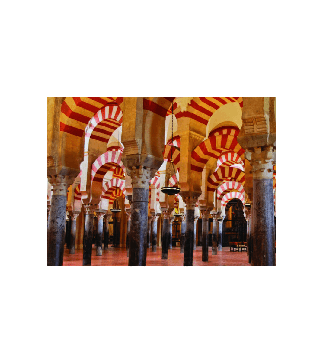 Interior of the Mezquita-Catedral in Córdoba, Spain, featuring iconic red and white horseshoe arches and rows of marble columns.