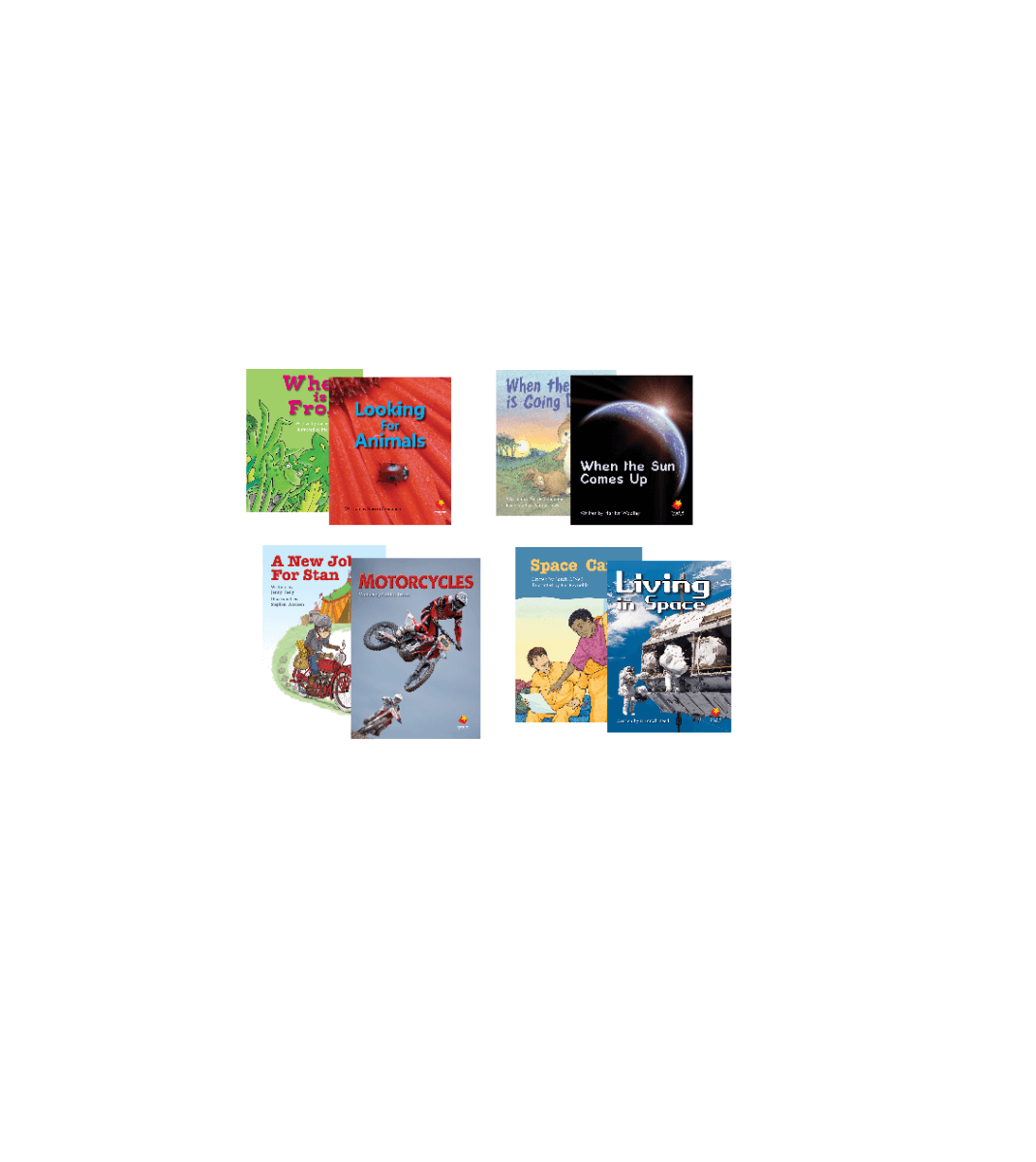 Flying Start to Literacy book selection featuring fiction and non-fiction titles on animals, space, motorcycles, and daily life themes for early readers.