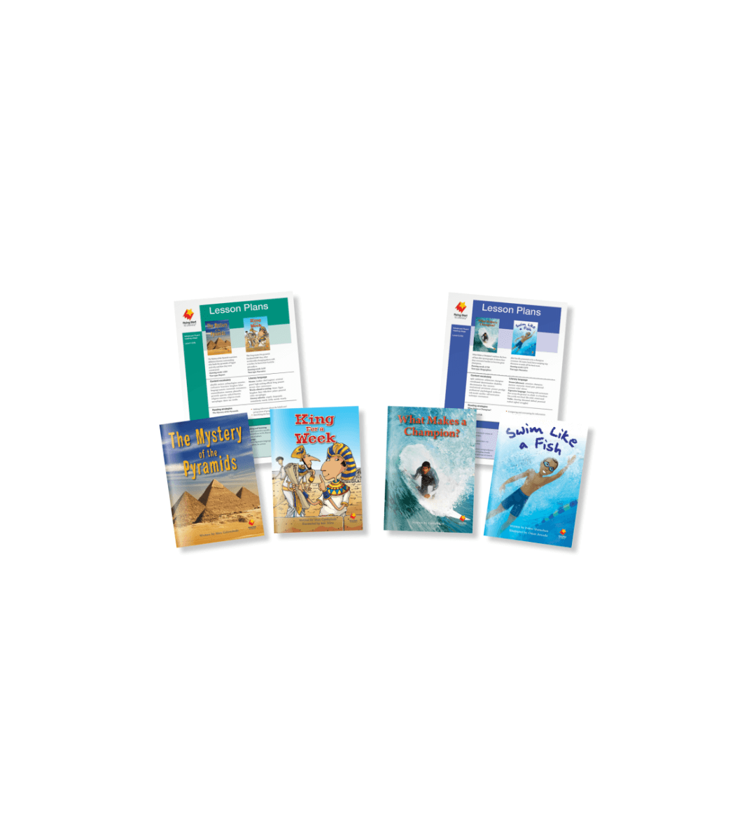 Flying Start to Literacy books with lesson plans, including titles on pyramids, ancient Egypt, surfing, and swimming, designed for guided reading and comprehension.
