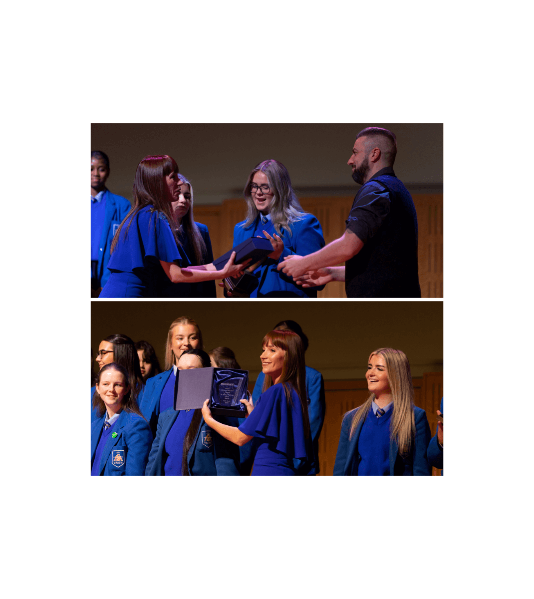 Feis Ceoil award ceremony with students in blue uniforms receiving and presenting a plaque on stage, celebrating musical achievement.