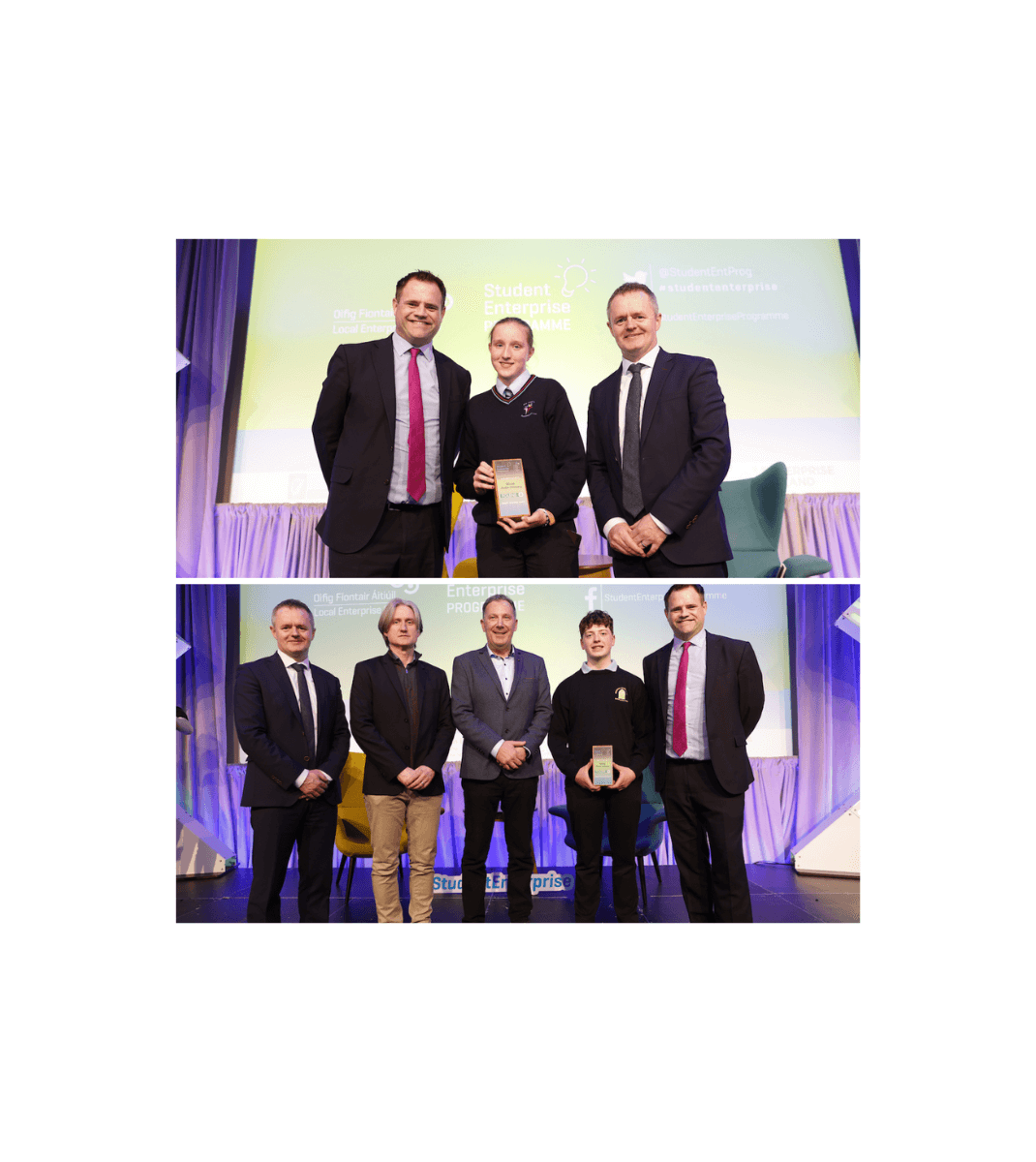 Winners receiving awards on stage at the Student Enterprise Programme Competition, surrounded by event organizers and supporters.