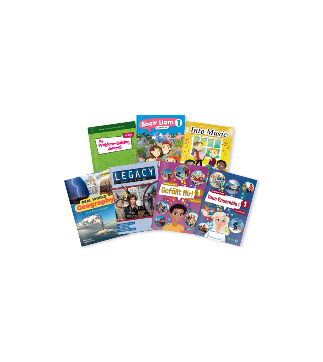 Selection of Folens educational books including Abair Liom, Real World Geography, Legacy, and language resources for German and French.
