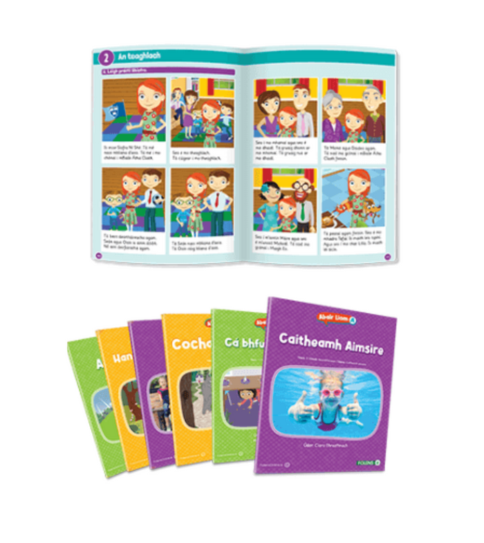 Colourful Folens Abair Liom big books for children, including storybooks and an open book showing cartoon-style Irish language dialogue