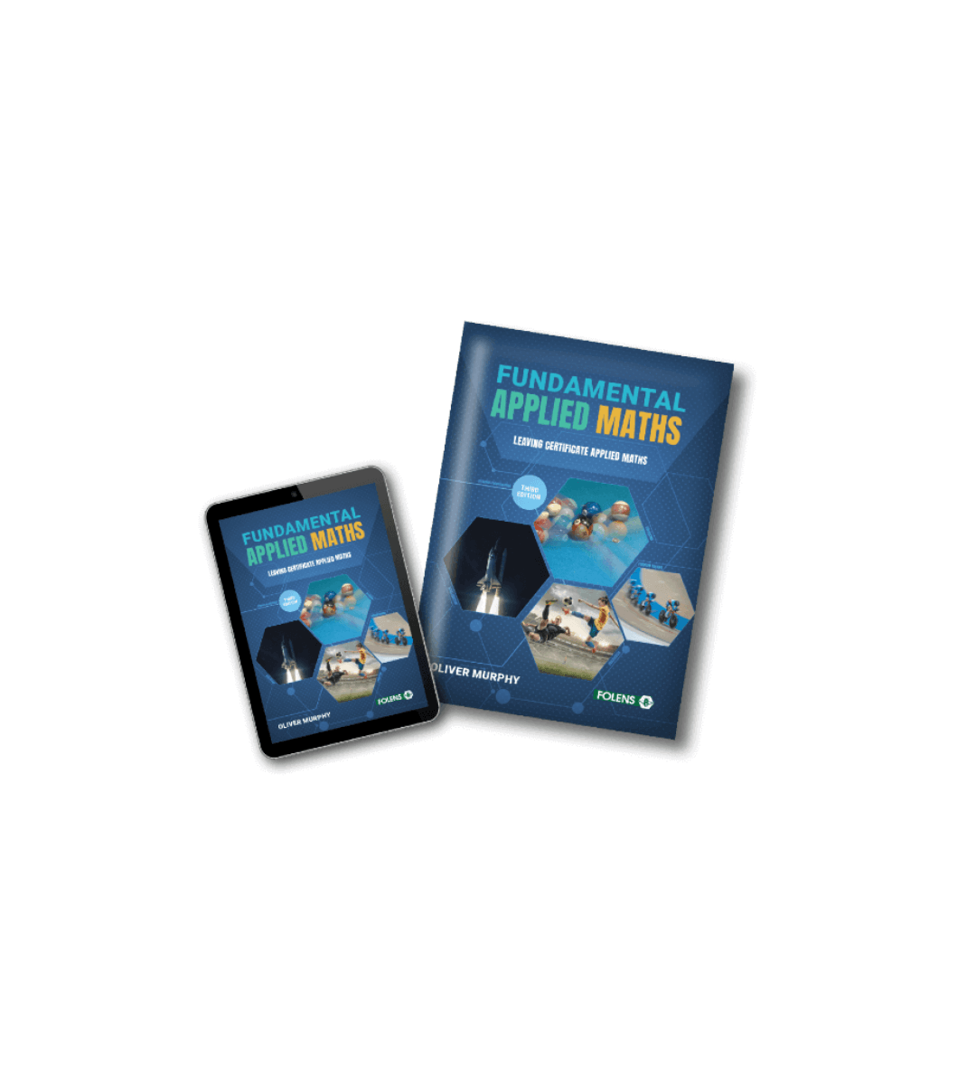 Fundamental Applied Maths Leaving Certificate textbook and Folens digital version displayed on a tablet