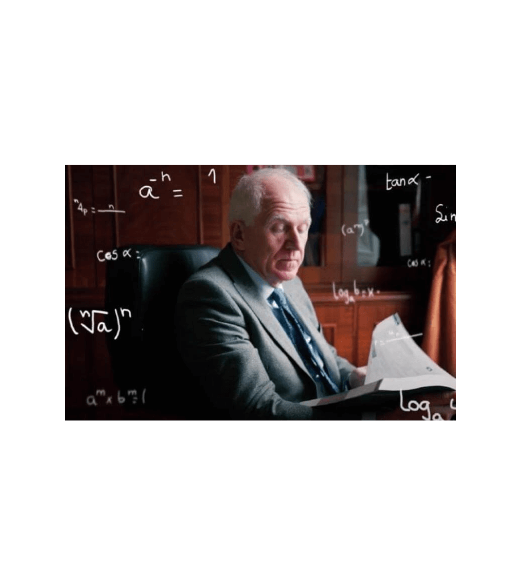 Older man in suit reading a paper with mathematical formulas superimposed around him