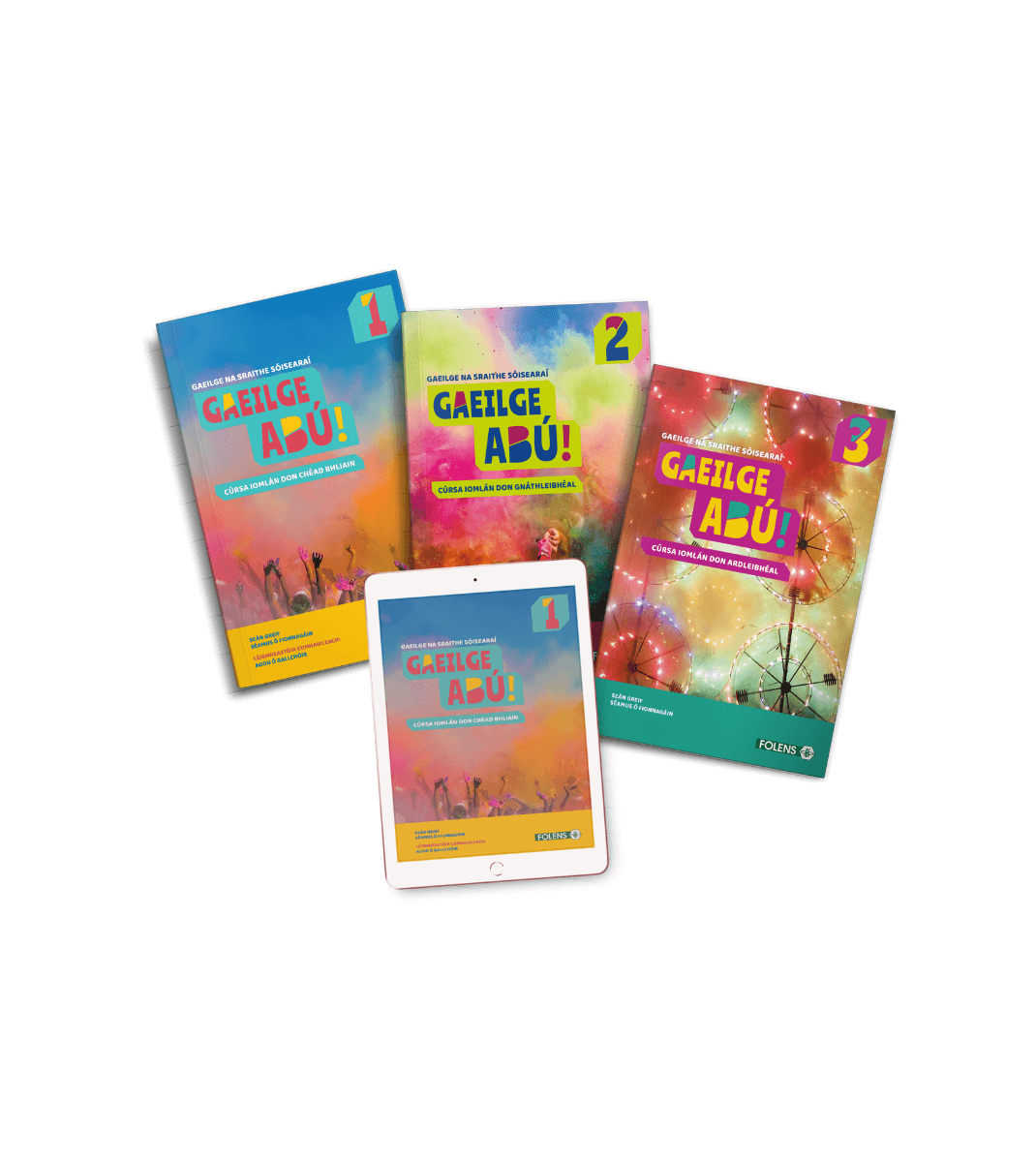 Set of colourful Gaeilge Abú! Junior Cycle Irish textbooks and tablet edition with vibrant themed covers