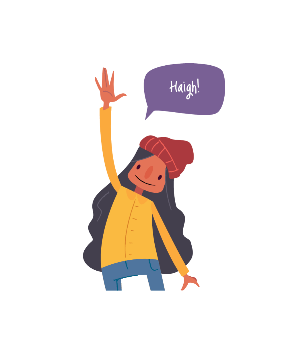 Cartoon girl in yellow waving with speech bubble saying “Haigh!”, from Gaeilge Abú! series