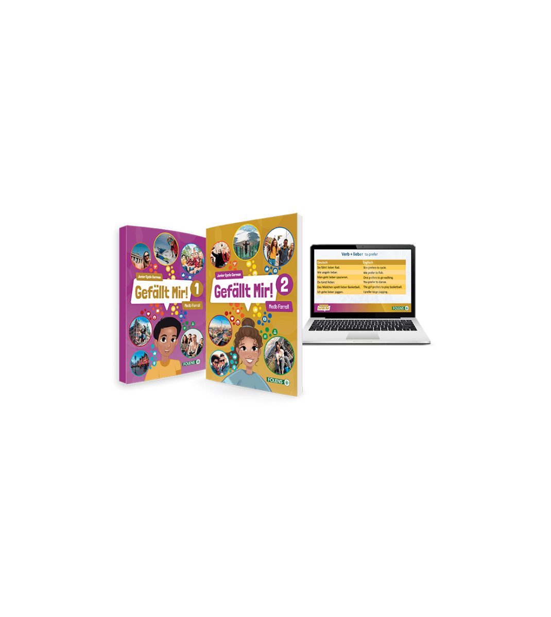 Junior Cycle German textbooks Gefällt Mir! 1 and 2 with a laptop displaying an interactive German verb lesson