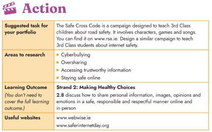 SPHE for Wellbeing activity guide suggesting students design a campaign on internet safety, with research areas like cyberbullying and oversharing, linked to Learning Outcome 2.8 on making healthy choices online.