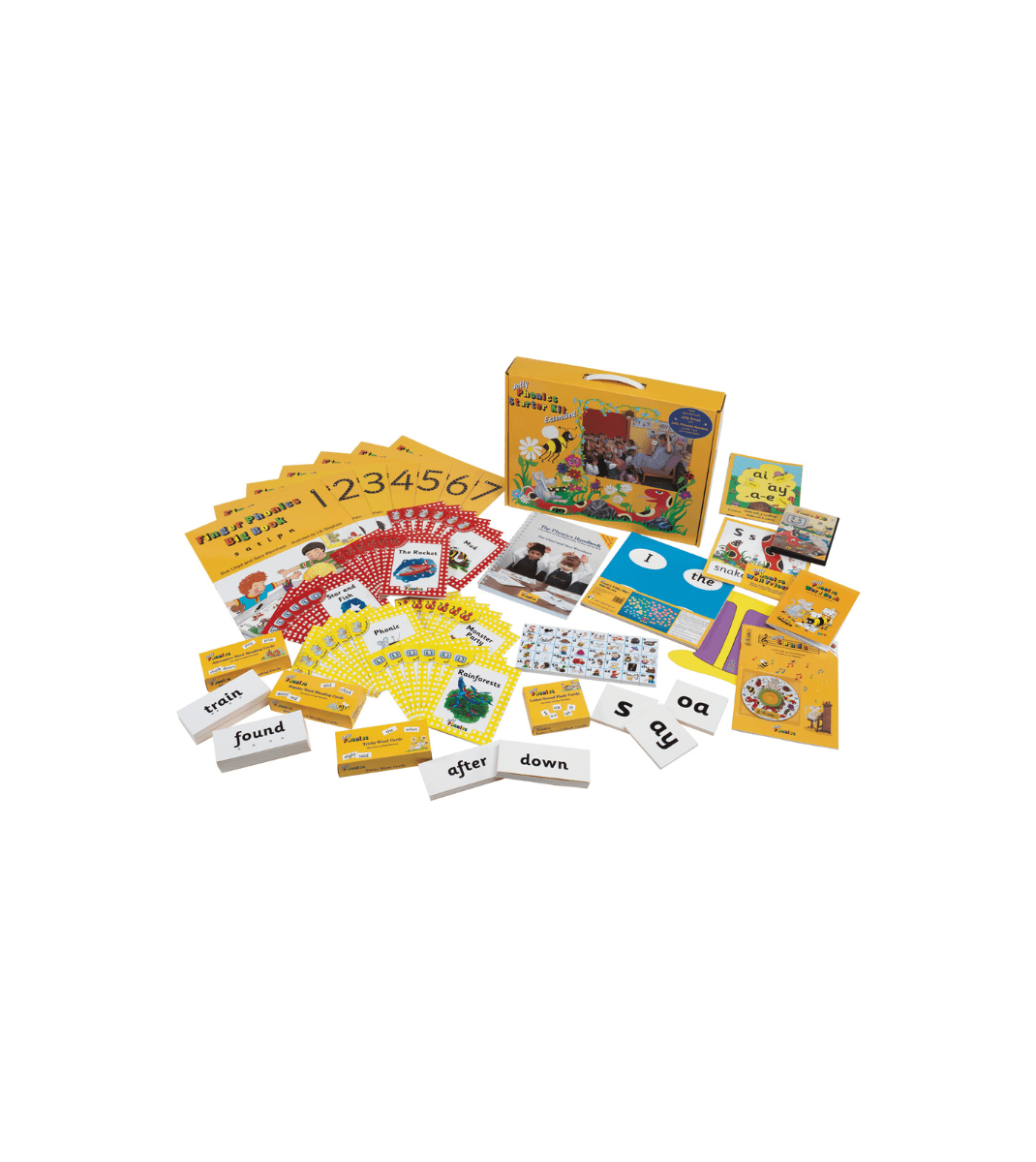 Jolly Phonics classroom kit with colourful flashcards, posters, word cards, and activity books designed to support early literacy and phonics learning.