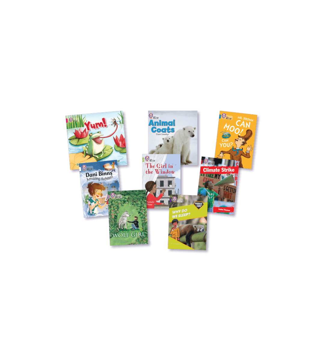 Selection of engaging children’s books including titles like Yum!, Animal Coats, Climate Strike, and Wolf Girl, featuring diverse topics and colourful covers.