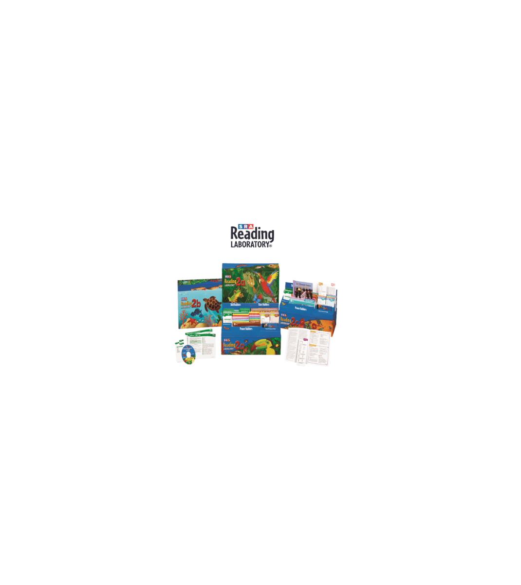 SRA Reading Laboratory materials including levelled readers, teacher guides, and colourful boxes for developing reading comprehension and fluency.