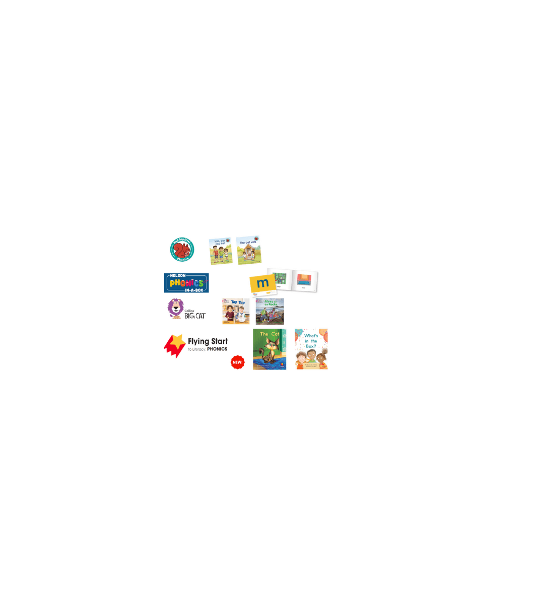 Assorted phonics reading programmes including Flying Start, Nelson Phonics, Big Cat, and other early literacy books with engaging illustrations and covers.