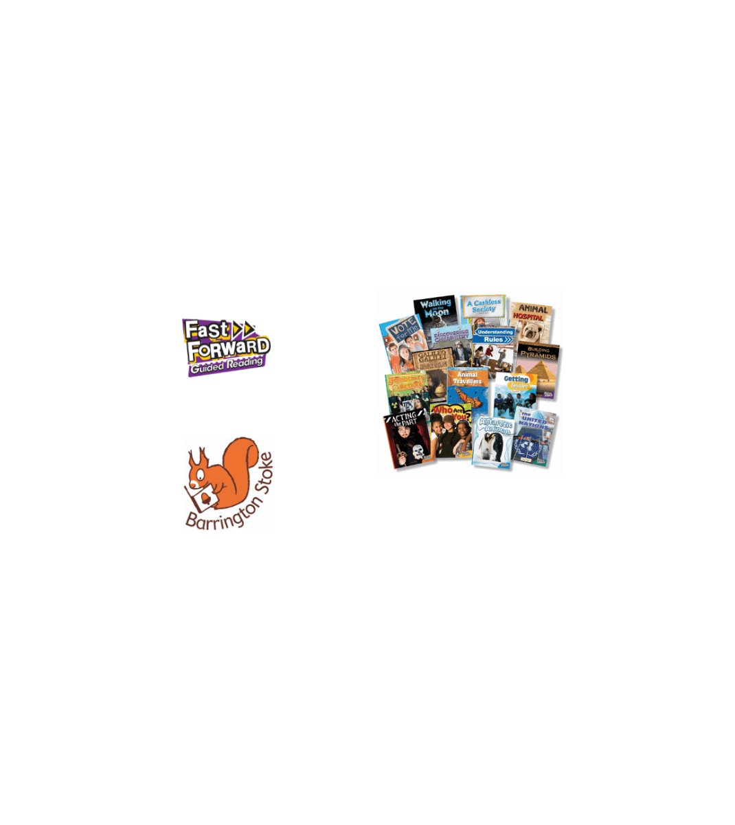 Collection of Fast Forward and Barrington Stoke guided reading books with logos, featuring high-interest titles for developing literacy skills.