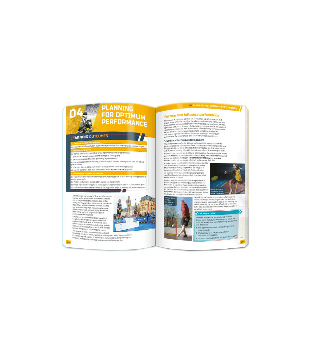Peak Performance textbook pages on “Planning for Optimum Performance” featuring learning outcomes, athlete imagery, and performance-enhancing strategies.