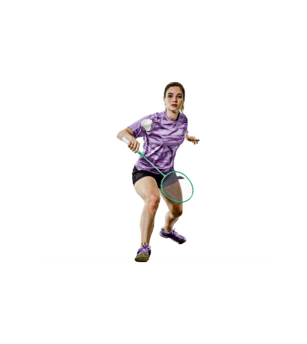 Female badminton player in action wearing a purple shirt and black shorts, holding a racket and preparing to strike.