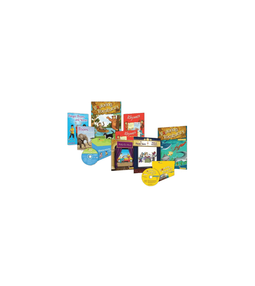 PM Literacy collection featuring Exploring Vocabulary, Rhymes, Finger Poems and Verses, sequencing kits, and storybooks with accompanying CDs.