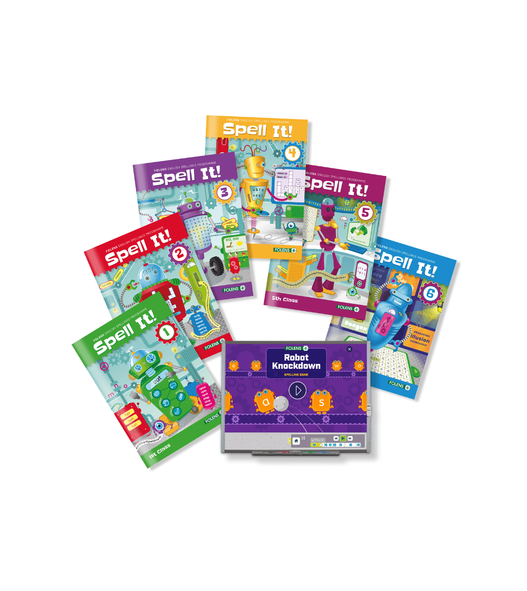 Full set of Folens Spell It! books for classes 1–6 with colourful robot-themed covers and a digital Robot Knockdown spelling game.