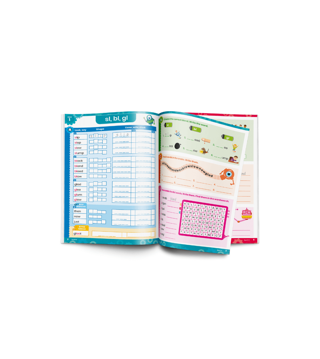 Open Spell It! workbook showing colourful phonics activities, blend exercises, and a word search for early literacy practice.