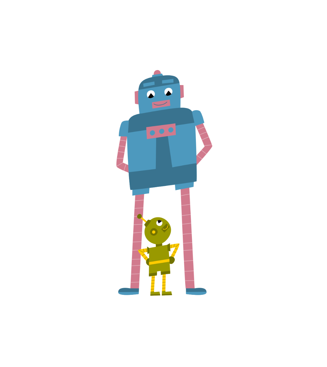 Cartoon-style blue robot and small green alien character smiling at each other in a friendly pose.