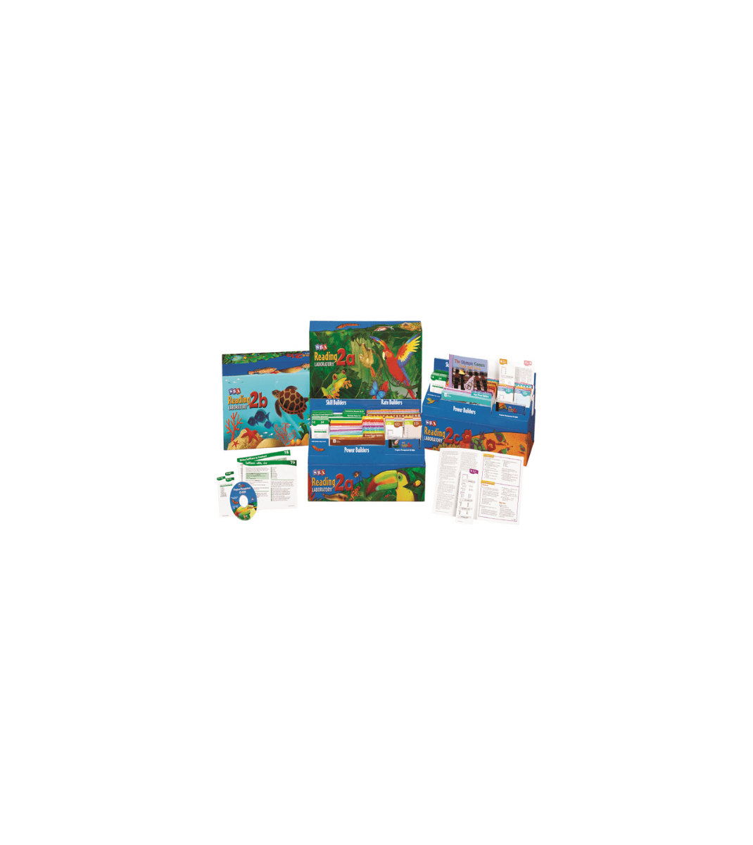 Complete SRA Reading Laboratory 2a and 2b kits with colourful boxes, booklets, Power Builders, and teaching resources.