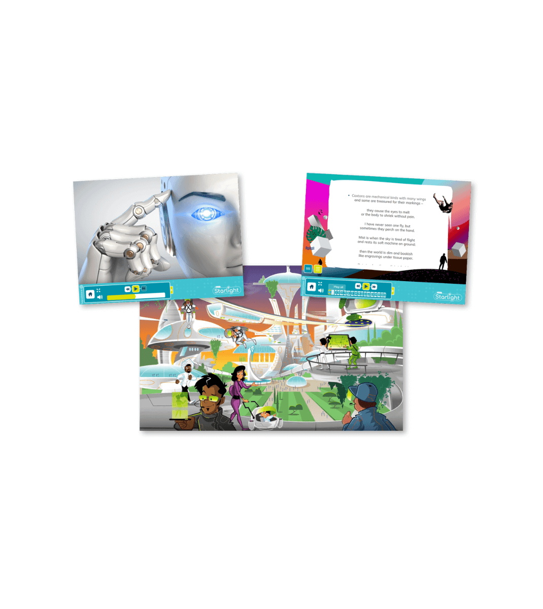 Starlight digital literacy resources featuring futuristic scenes, poetry, and interactive visuals for engaging classroom learning.