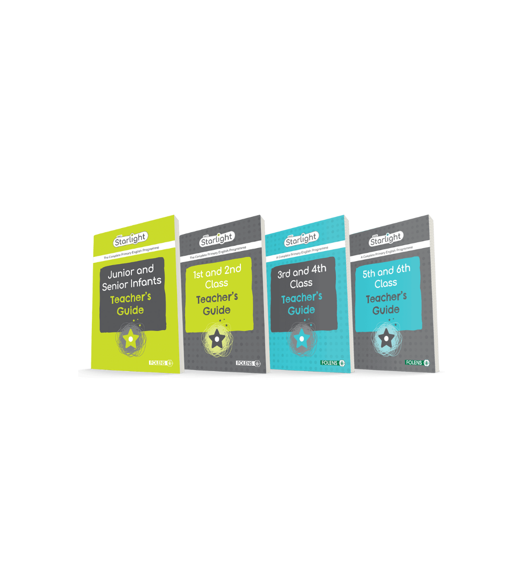 Set of four Folens Starlight Teacher’s Guides for Junior Infants to 6th Class, part of the complete primary English programme.