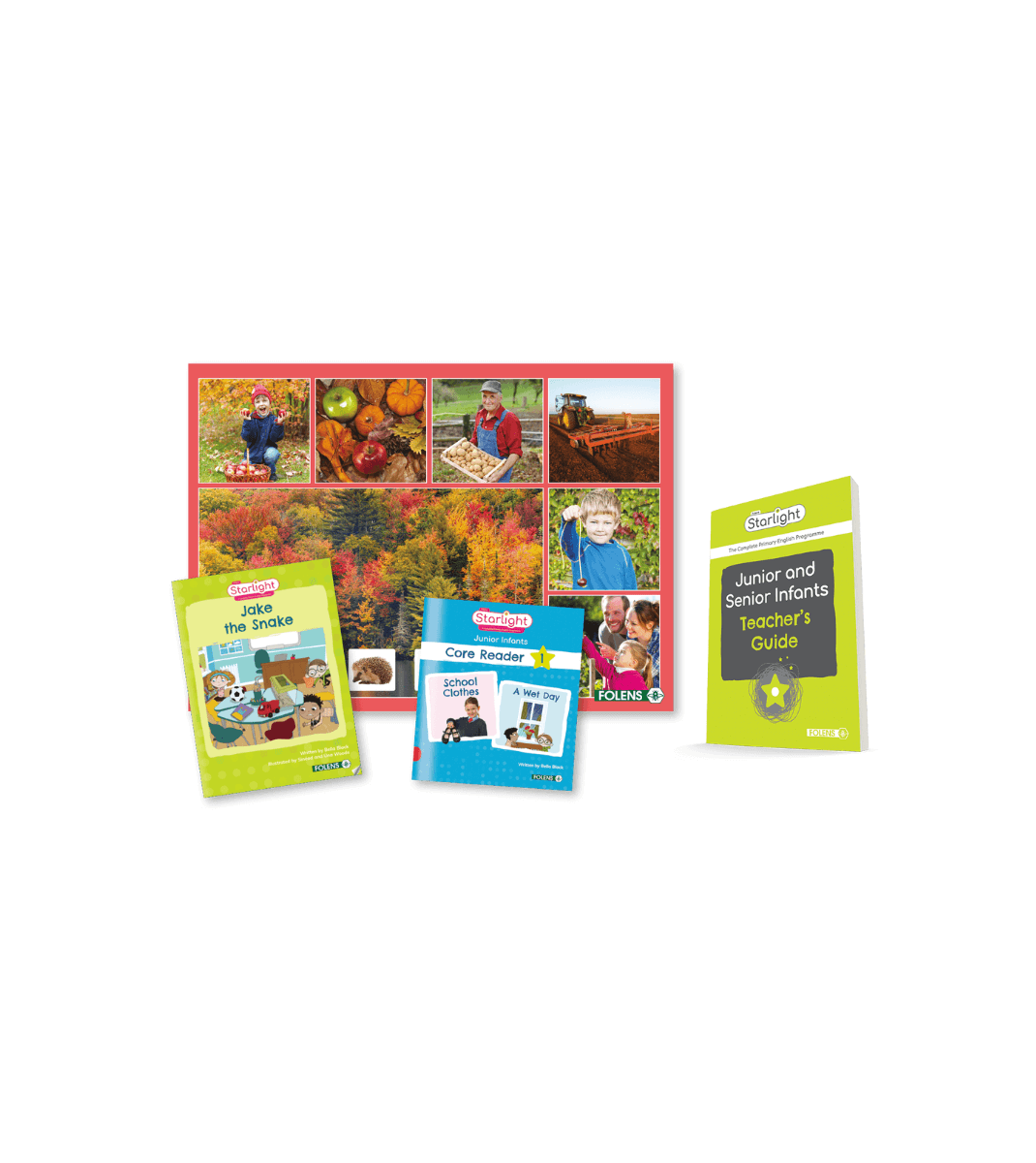 Folens Starlight Junior Infants resources including Jake the Snake reader, Core Reader, Teacher’s Guide, and an autumn-themed classroom poster.