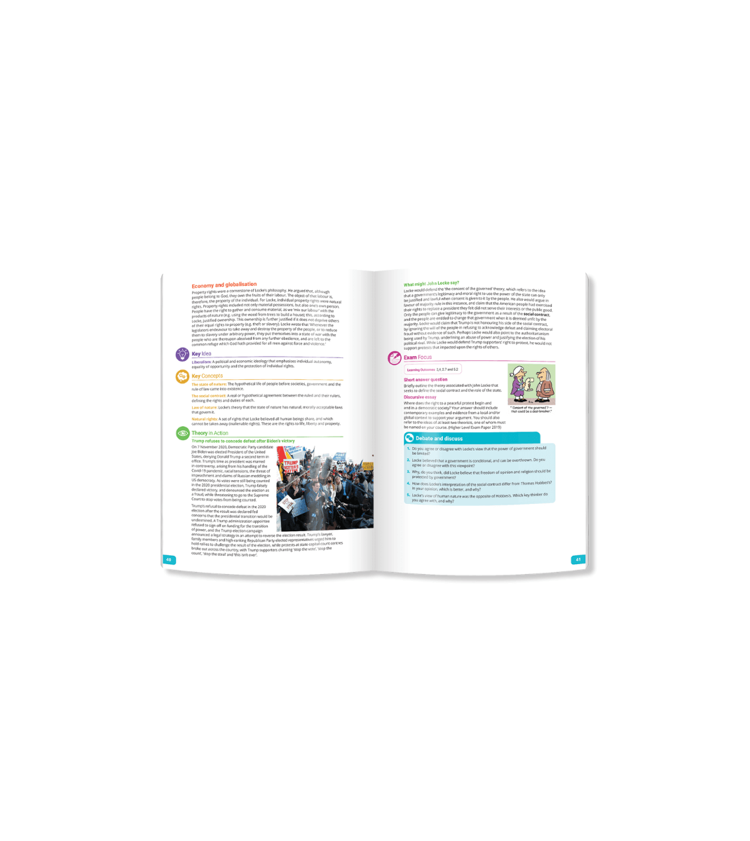 Textbook spread discussing economy, globalization, and theories in action, with sections on politics and society and student discussion prompts.