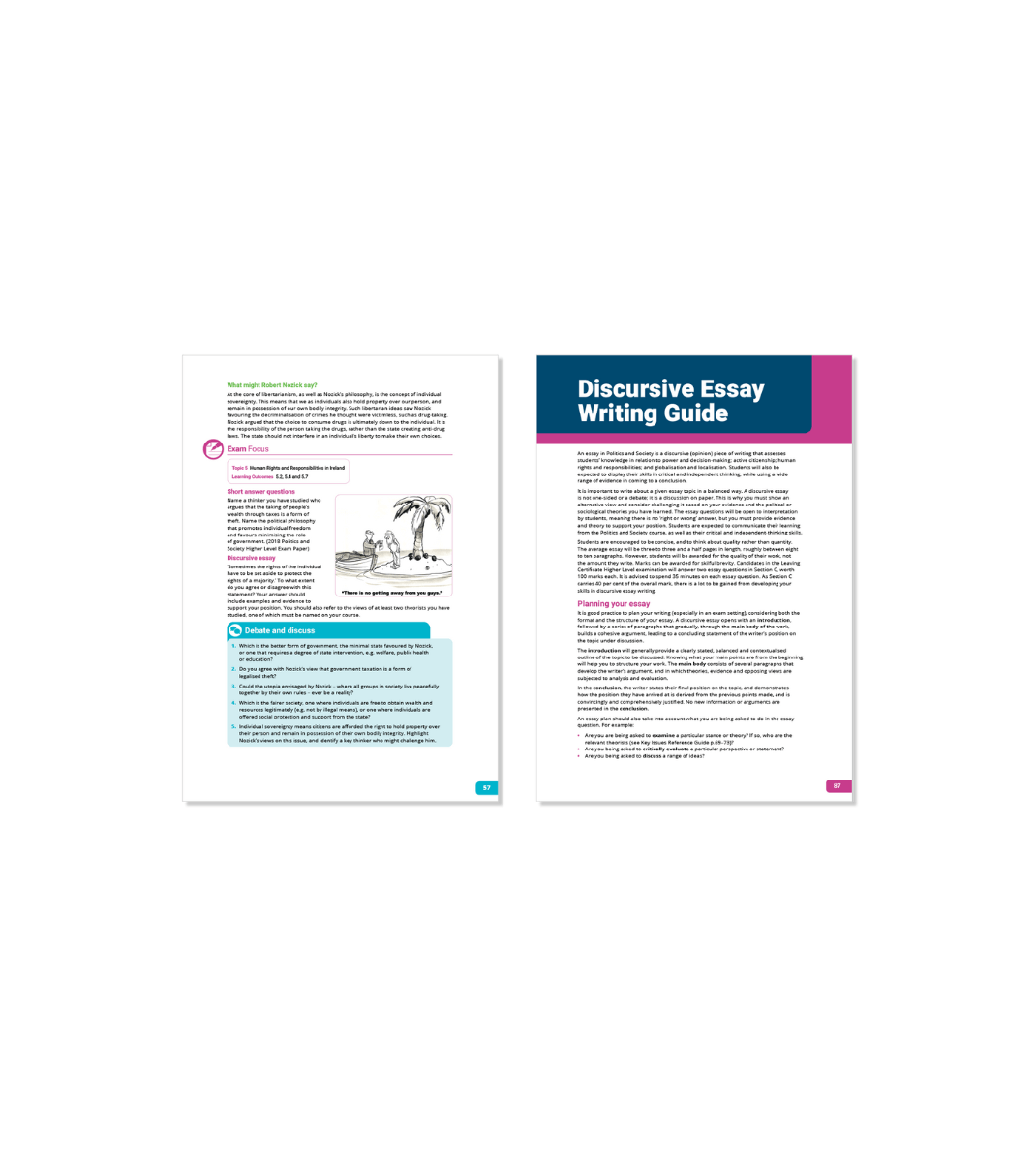 Two-page spread from a textbook titled “Theories in Action” and “Discursive Essay Writing Guide,” covering politics and society topics.