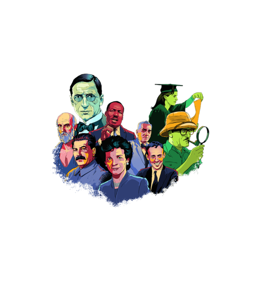 Illustrated collage of historical and influential figures, including scientists, activists, leaders, and explorers in vibrant colours.