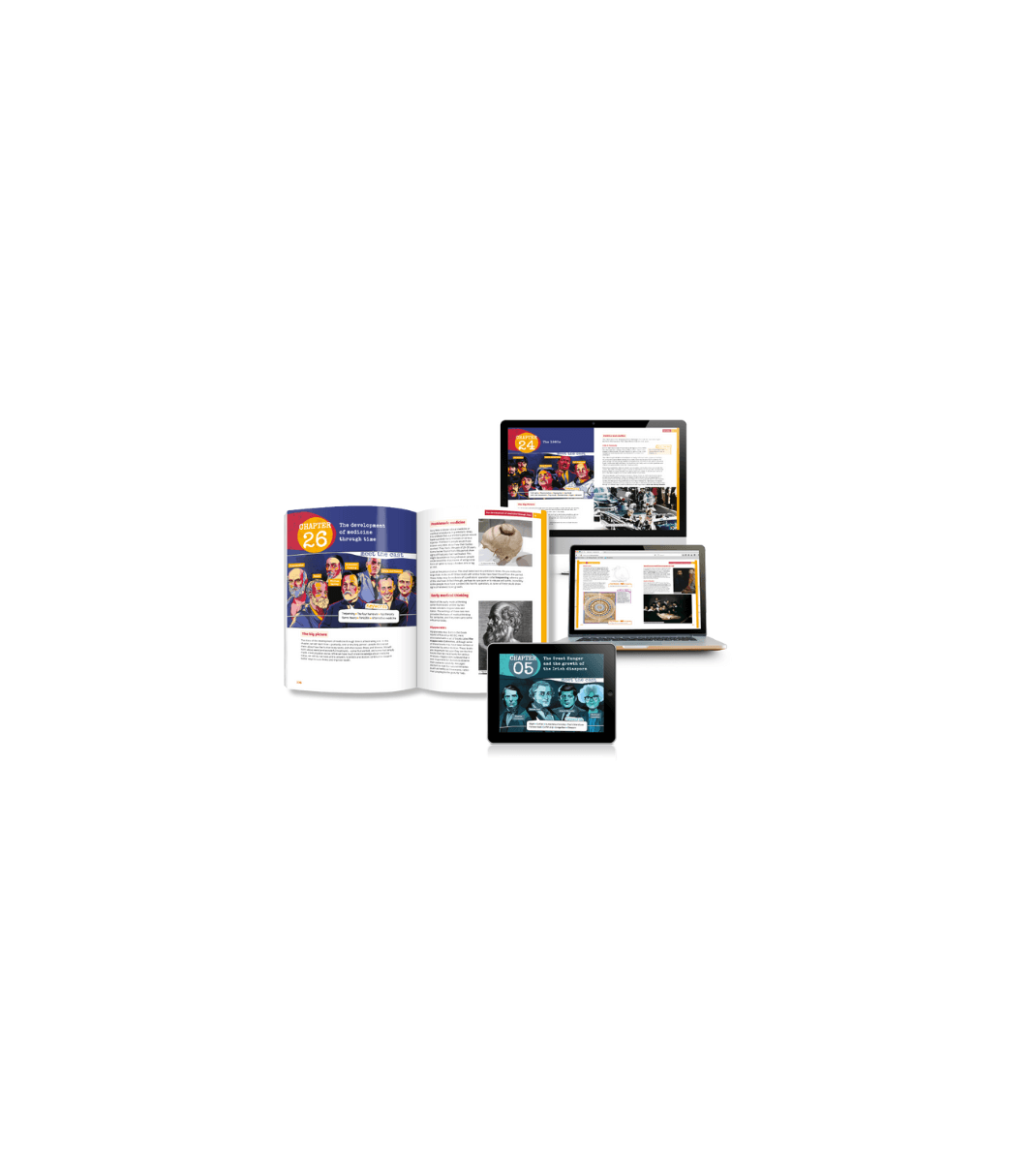 Folens digital and print history resources displayed on tablets, laptops, and open textbooks with colourful chapter layouts.
