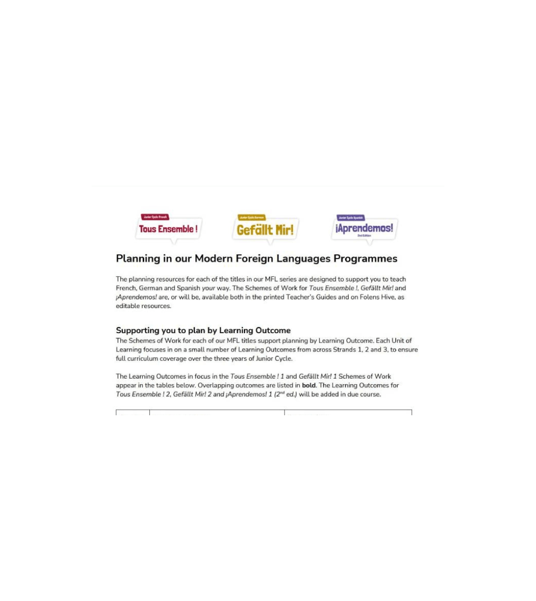 Overview of planning support for Junior Cycle Modern Foreign Languages—French (Tous Ensemble), German (Gefällt Mir!), and Spanish (¡Aprendemos!) from Folens.