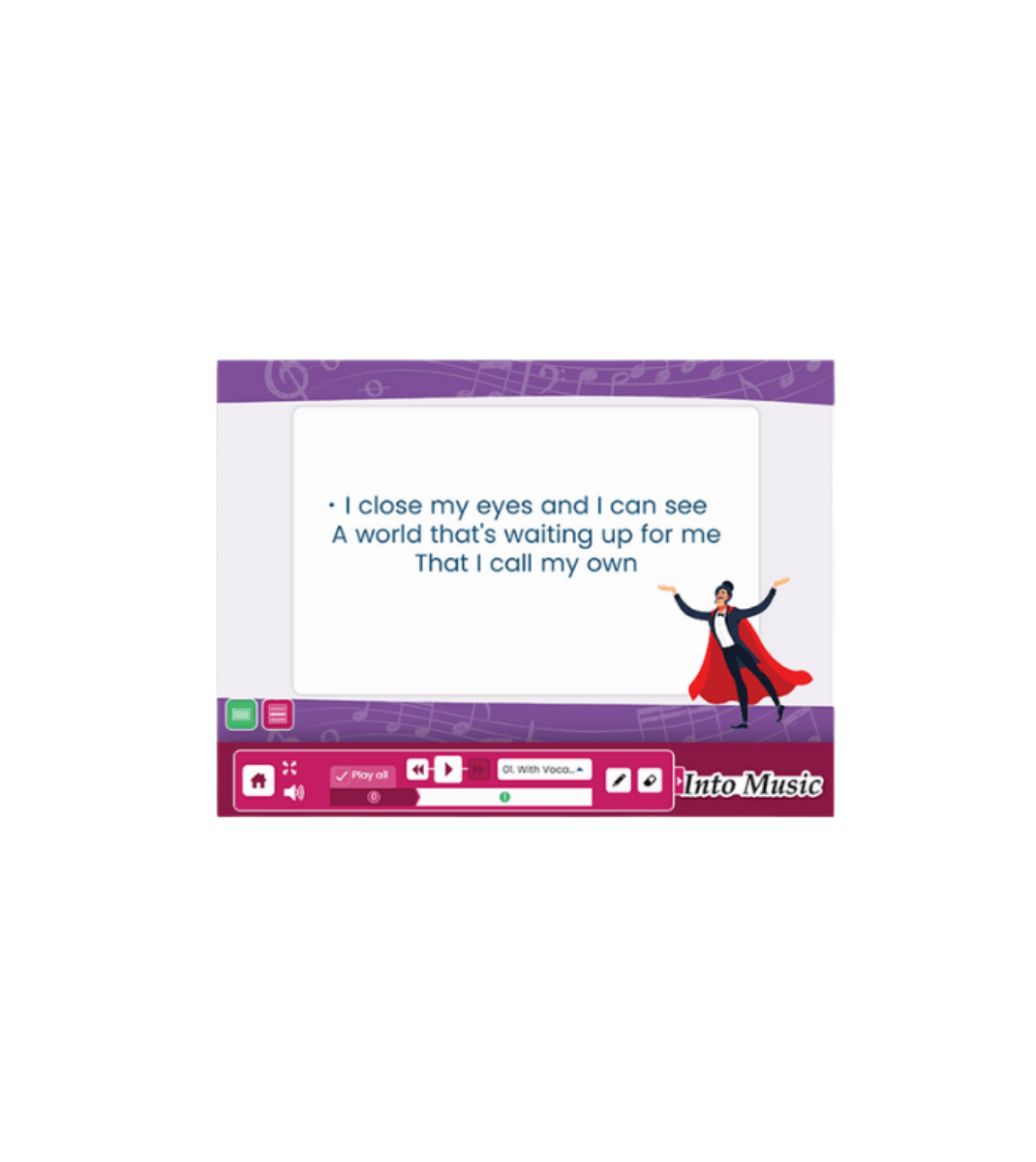 A digital screenshot of 'Into Music' programme, featuring a song lyric with a superhero illustration on a purple and magenta background.