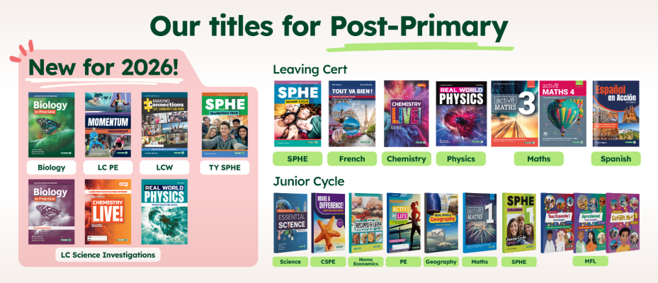 Folens post-primary titles for Leaving Cert and Junior Cert programmes including new 2026 releases
