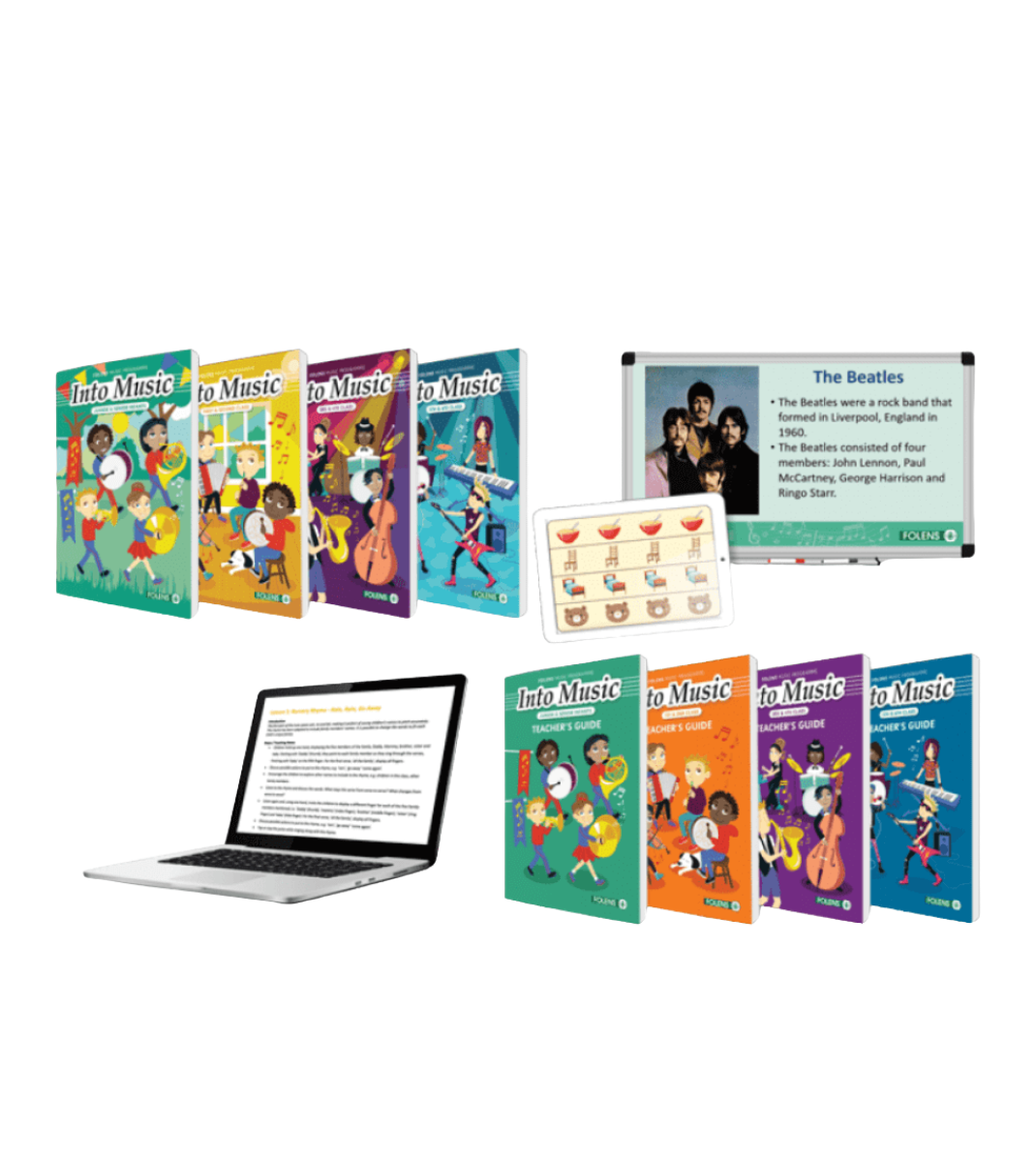 A music learning bundle showing several colorful 'Into Music' book covers, a whiteboard with a Beatles-themed slide, a laptop with printed lesson content, and a small card set, all arranged on a plain white background.