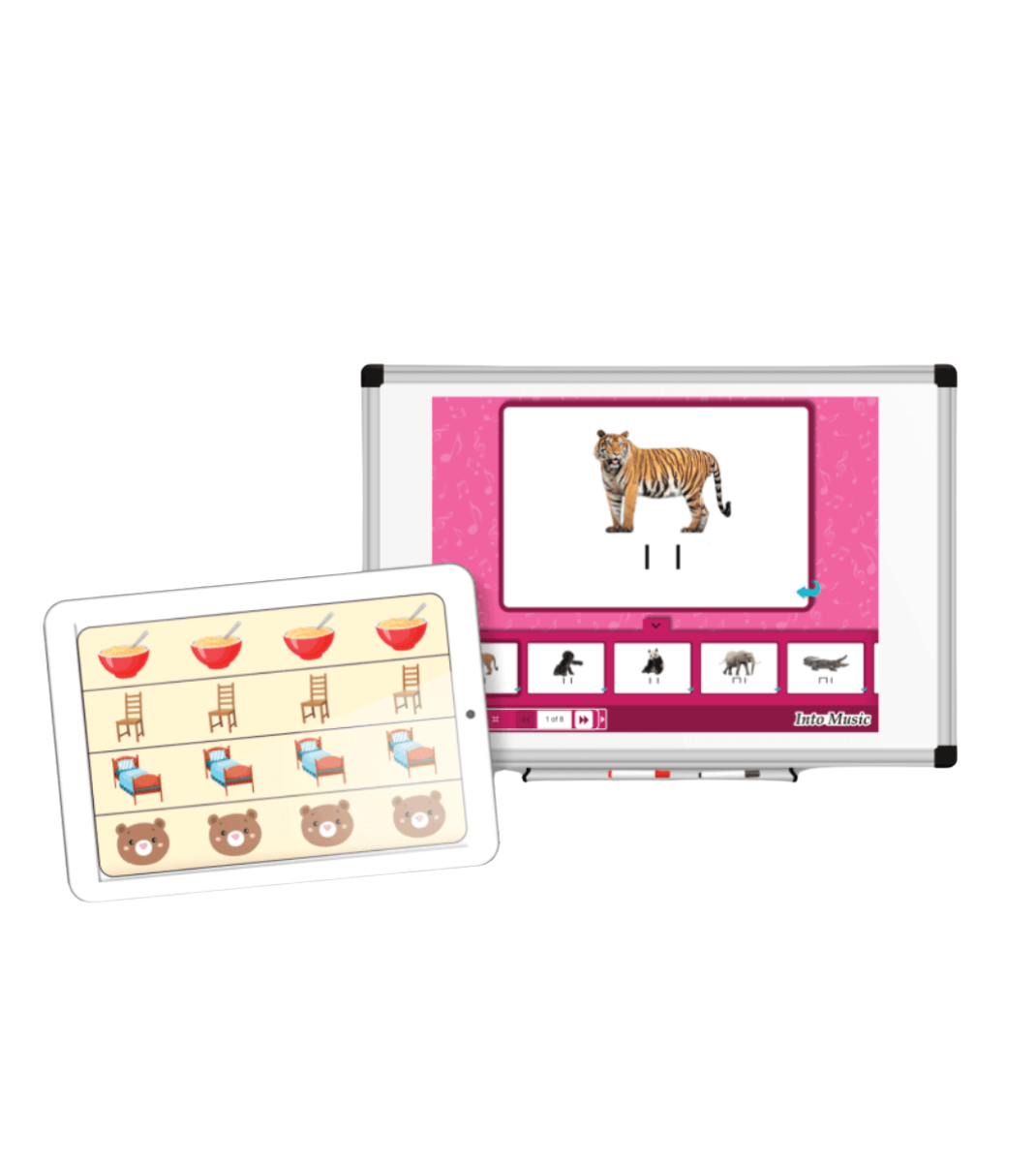 A digital learning tablet showing a pink interface with a tiger illustration, alongside a second tablet displaying matching toy-like icons, on a plain white background.