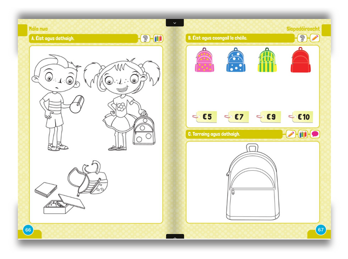 Cartoon-style pupil book pages from the Folens Abair Liom primary programme featuring children with school bags and pricing activity.