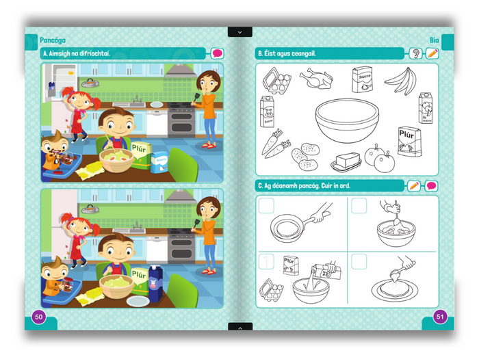 Educational book or app page with cartoon characters and cooking illustrations on a light blue background.