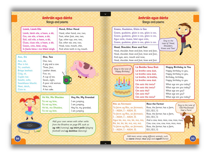 Educational book or app page with cartoon characters and cooking illustrations on a light blue background.