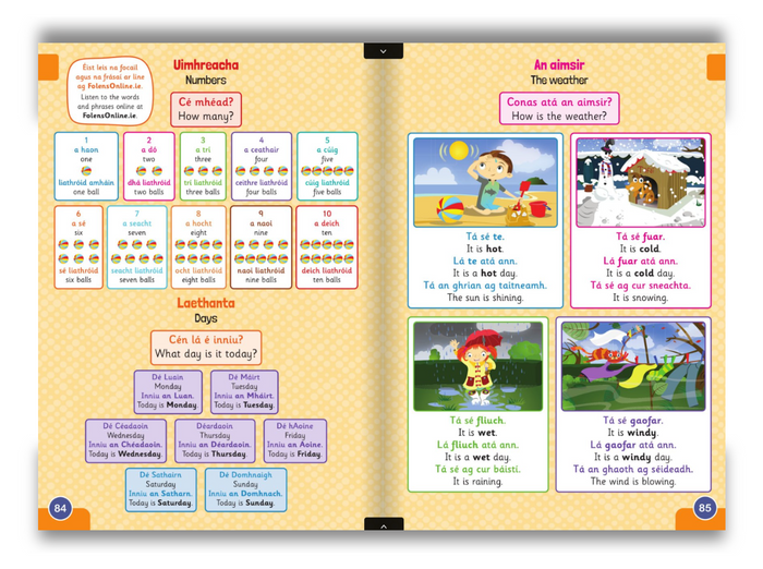 Educational book or app page with cartoon characters and cooking illustrations on a light blue background.