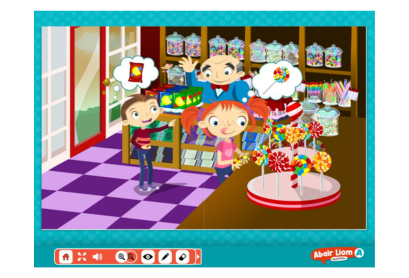 Illustrated scene from Abair Liom A showing children in a sweet shop thinking about treats, with colorful jars and lollipops on display.