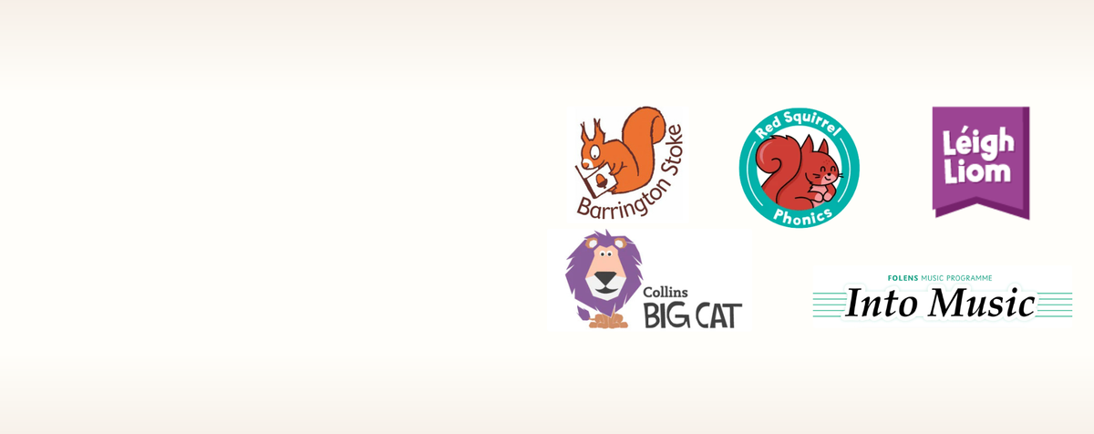Folens literacy and music programme logos including Barrington Stoke, Red Squirrel Phonics, Léigh Liom, Collins Big Cat and Into Music
